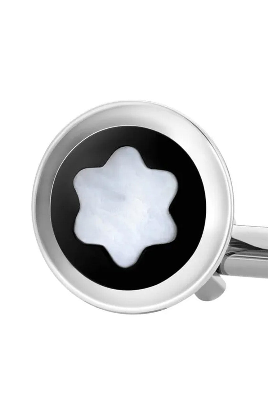 أزرار أكمام مونت بلانك دائرية من الفولاذ المقاوم للصدأ مع تطعيم باللون الأسود من مادة PVD وشعار من عرق اللؤلؤ