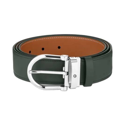 حزام جلدي قابل للعكس من Montblanc Horseshoe باللون الأخضر/البني مقاس 35 مم