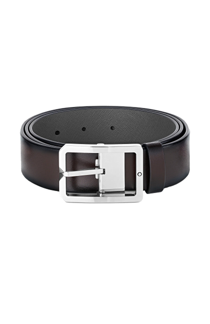 حزام جلدي مستطيل من مونت بلانك بني/رمادي مقاس 35 مم قابل للعكس