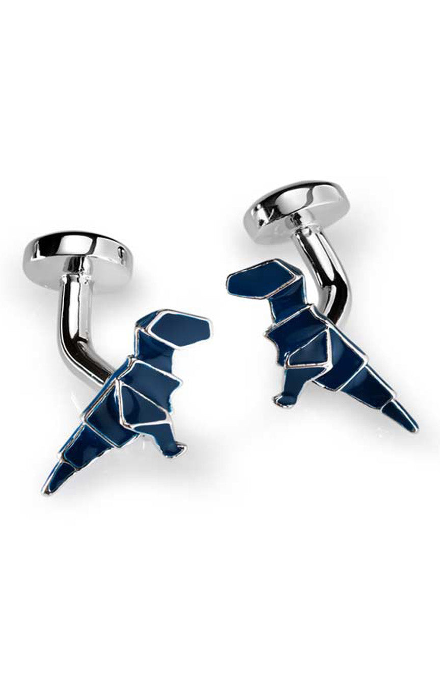 Babette Wasserman Origami Dinosaur Cufflinks, Blue - Base Metal Rhodium Plated, Enamel